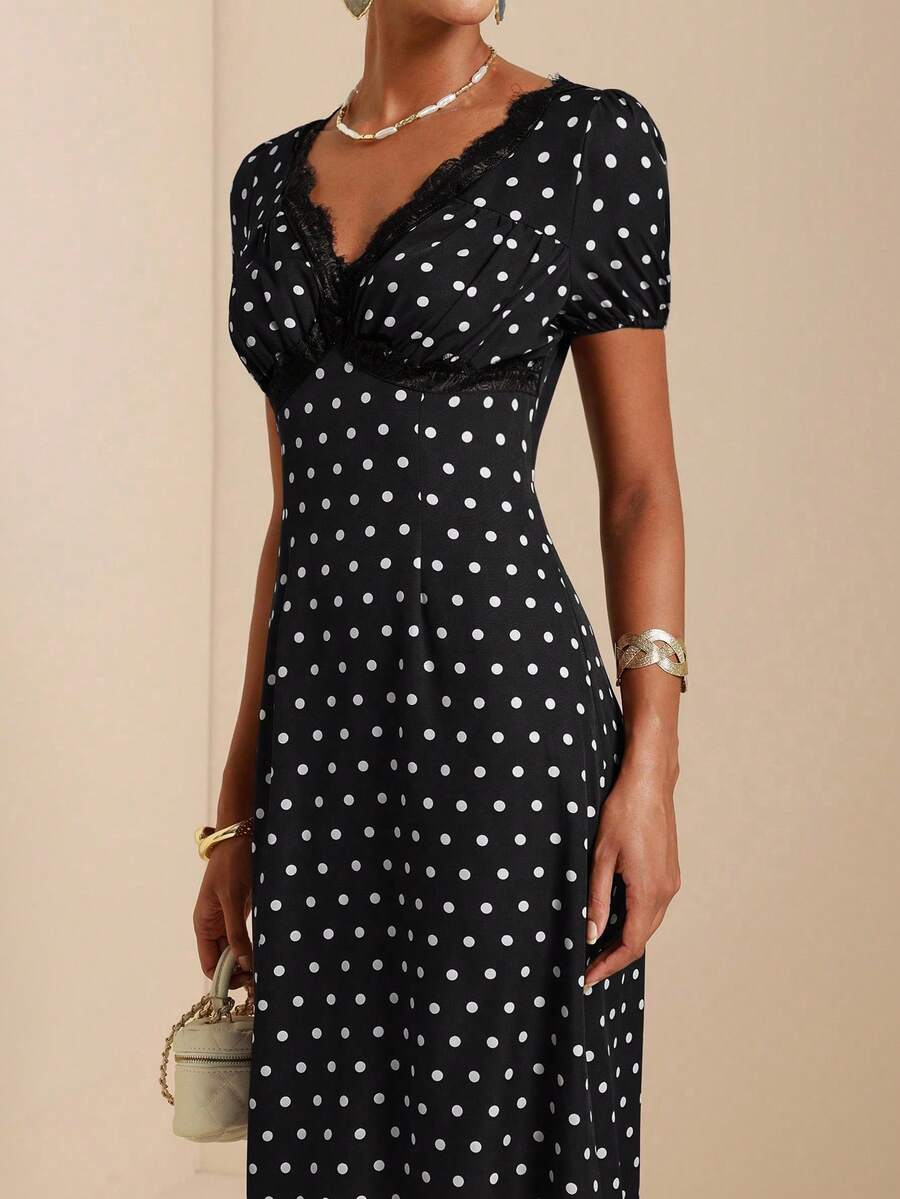 SHEIN Veneréa Women's Polka Dot Print Lace Trim French Style Vacation Dress - Black - View 1