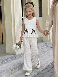 2pcs/Set Girls Jacquard Sleeveless Top And Pants, Suitable For Summer Outings, Vacation, And Daily Wear - White - View 4