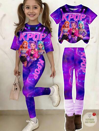 2pcs/Set Casual Cute Purple Girl Group Outfit For Young Girls, Short Sleeve T-Shirt + Tight Leggings, Colorful Galaxy Print, Suitable For Spring/Summer, Ages 4-7