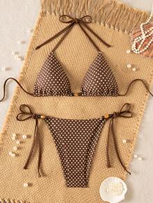 Swim Mod Women's Sweet & Bikini Swimwear,Brown Polka Dot,Pearl Decor,Side Tie Shorts,Double-Sided Fabric,Summer,Casual,Beach,Vacation,Holiday,Party,Pool - Multicolor - View 3