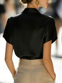 Balvessa 女士优雅绿色领短袖衬衫 - 黑色 - 查看 2