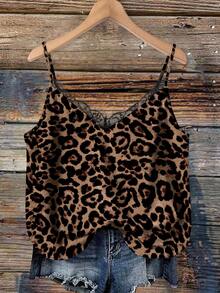 Mellowie Plus Size Women's V-Neck Lace Patchwork Spaghetti Strap Leopard Print Camisole, Elegant For Vacation, Date, Party, Summer - Brown - View 1