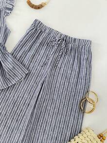 GlowEve CURVE Plus Size Women's Blue And White Linen Striped 2 Pieces Set,Cinched Waist Flutter Sleeve Blouse&Straight Leg Pants,Summer Vacation Smart Casual Co Ords - Blue and White - View 7