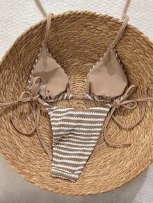 Swim Vcay 2026 Spring/Summer Crochet Fabric Spaghetti Strap Halter Backless Tie-Side High Cut Bikini Two Pieces Swimsuit For Women - Brown - View 2