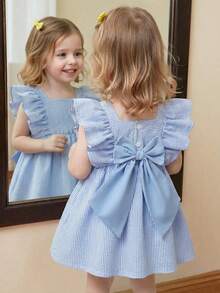 Souflis Souflis 0-3岁女童优雅浅蓝色条纹领荷叶边袖蝴蝶结露背休闲时尚连衣裙，适合度假旅行，夏季穿着 - 淺藍色 - 查看 1