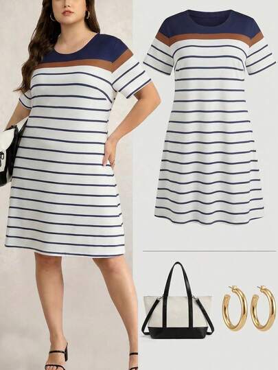 Zelara Plus Size Women Sailing Leisure Activities Striped Round Neck Short Sleeve Casual Versatile Dress Suitable For Summer Chic Dress Comfortable Boho Cowgirl