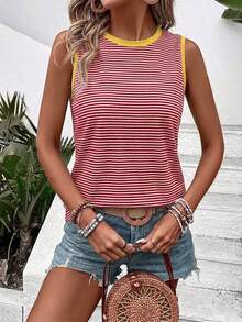 Selamara Women's Casual Round Neck Sleeveless Contrast Trim Striped Print Pattern Tank Top - Multicolor - View 4