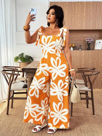 Weeklong 大码女装新款印花时尚优雅系带蝴蝶结无袖露肩收腰宽松阔腿休闲舒适飘逸短袖长裙，浪漫百搭，适合约会、商务、度假、海滩、办公室、旅行、春夏穿着。