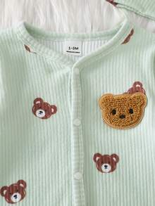 SHEIN Vintaside Kids 新生儿米色小熊图案长袖连体衣带帽子套装 - 薄荷綠 - 查看 6