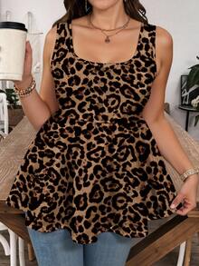 EMERY ROSE Blusa sin mangas de talla grande para mujer con estampado de leopardo, decoración de botones y dobladillo con volantes, adecuada para vacaciones de verano - Marrón - Ver 1
