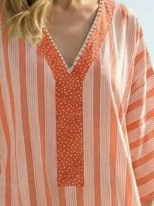 EMERY ROSE Fashionable Loose Casual Printed V-Neck Striped Blended Fabric Vacation Travel Robe For Women - Multicolor - View 3