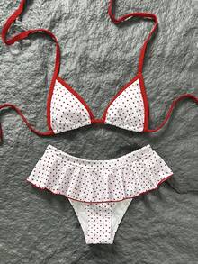 Swim Mod 女士复古红白波点印花比基尼套装，撞色滚边性感超短三角比基尼上衣和超短裙，时尚休闲度假甜美复古性感泳装 - 紅白色 - 查看 2