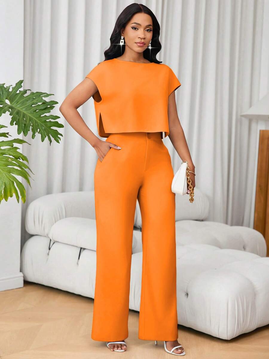 Lunelith SHEIN Lunessa French Style Round Neck Short Sleeve Versatile Top And High Waist Wide Leg Pants 2 Pieces Set For Women - Orange - View 1