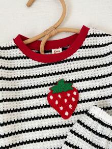 Cozy Pixies Bộ đồ 2 món cho bé gái: Áo tay ngắn cổ tròn kẻ sọc họa tiết dâu tây và quần short cạp chun. - Nhiều màu - Xem 3