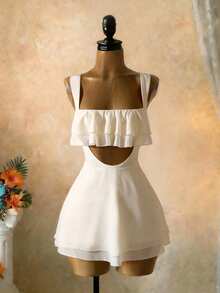 SaltGleam SaltGleam Đầm hè bằng vải chiffon hai dây, khoét eo, kiểu dáng thời trang. - Vàng nhạt - Xem 7