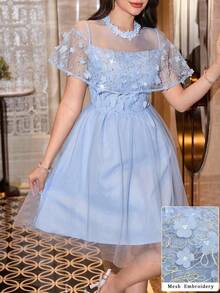 Modelyn 女士法式优雅蓝色3D立体花卉网纱披肩袖收腰连衣裙 - 藍色 - 查看 5