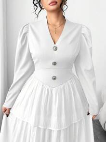 SHEIN Elenzya 大码V领纽扣收腰长袖网纱层叠连衣裙，白色，女士多层连衣裙，优雅连衣裙 - 白色 - 查看 6
