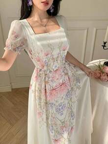 Modelyn 女士方领印花收腰连衣裙，饰有3D立体花卉图案 - 彩色 - 查看 8