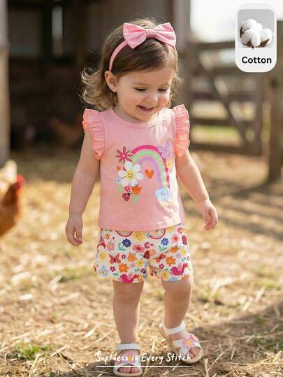 Cozy Pixies Bộ đồ 2 món cho bé gái: Áo thun cổ tròn tay ngắn và quần short cạp chun dệt kim họa tiết cầu vồng mềm mại.
