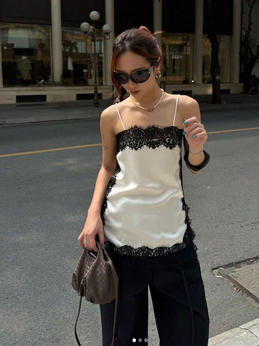 Siren Gaze 女士度假撞色蕾丝吊带背心 - 杏色 - 查看 1