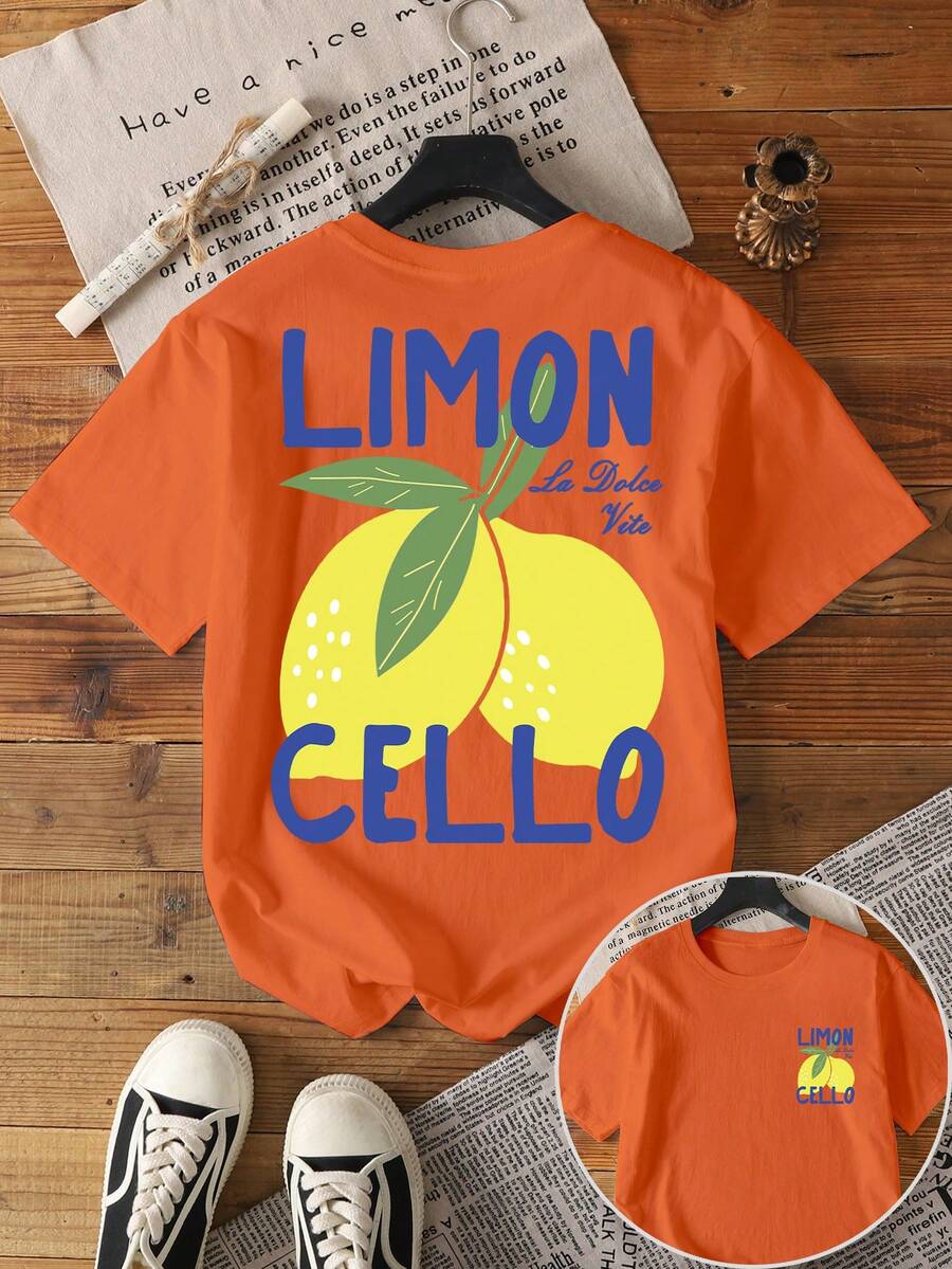 大码女式柠檬字母印花圆领短袖T恤 - 橘色 - 查看 1
