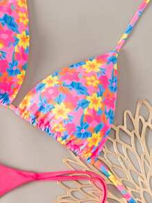 Vaytide 女士两件套印花露背三角比基尼上衣和侧系带泳裤性感泳衣套装，春夏海滩度假比基尼，色彩缤纷，巴西比基尼套装，三角比基尼，波点假日比基尼，XXS码比基尼套装，女士比基尼套装，女士泳衣，女士两件套泳衣 - 彩色 - 查看 5