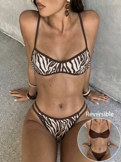 Swim Mod Costume da bagno da donna, top a fascia reversibile con stampa zebrata marrone micro bikini, elegante e sexy, set da 2 pezzi, adatto per vacanze e spiaggia