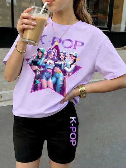 Tween Girls Short Sleeve Graphic Print T-Shirt & Shorts Set, Casual & Comfortable Spring/Summer Outfit, Fashion Design Suitable For Outdoor Activities, Picnics, Street Photography, Home, School, Festivals, Gifts