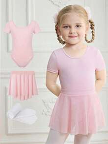 3pcs/Set Girls Pink Elastic Knit Skin-Friendly Bodysuit, Girls Pink Tulle Skirt, Girls White Skin-Friendly Elastic Tights, Soft Fabric Suitable For Ballet, Gymnastics, Daily Wear, Outings, Parties And Other Occasions - Pink - View 8