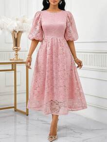 SHEIN Lady Women's Elegant Party Solid Color Lace Midi Dress Pink Elegant Dress Wedding Guest Dress Women Lace Dress,Pink Dress - Pink - View 4