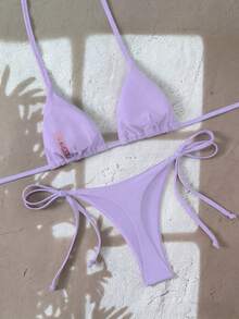 Swim SXY 女款純色掛脖綁帶露背丁字褲比基尼套裝 2 件組 聚攏泳衣 夏季海灘度假用 藍色 - 紫色 - 查看 2