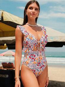 Swim Mod Sexy Floral Ruffled Hollow-Out Backless One-Piece Swimsuit For Women, Summer Vacation - Multicolor - View 6