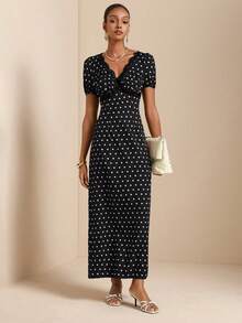 SHEIN Veneréa Women's Polka Dot Print Lace Trim French Style Vacation Dress - Black - View 6