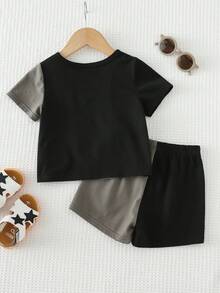 Cozy Pixies 2pcs Baby Boy Letter Pattern Knit Soft Contrast Color Round Neck Short Sleeve Top And Elastic Waist Shorts Set - Multicolor - View 4