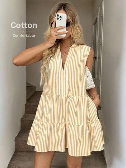 Easowa V-Neck Ruffle Trim Layered Flounce Hem A-Line Dress, Casual Vacation Elegant Sleeveless Short Dress, Cotton Striped Fabric For Spring/Summer Sleeveless Dress Tierred Dress Stripe Dress Cotton Dress Casual Dress