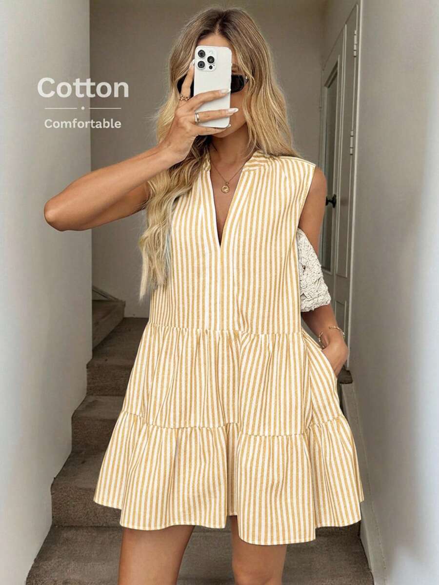 Easowa V领荷叶边层叠荷叶边A字连衣裙，休闲度假优雅无袖短款连衣裙，棉质条纹面料，适合春夏穿着 - 黃色 - 查看 1