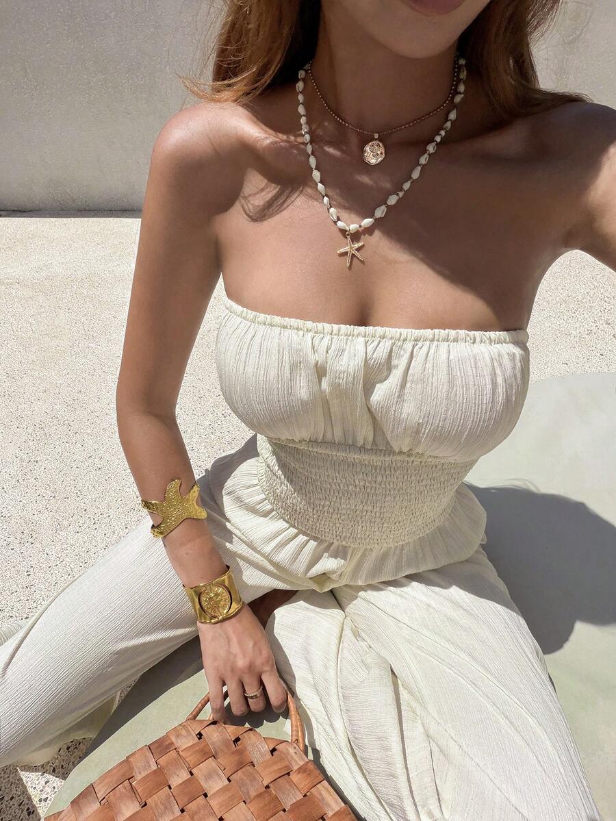 Sunnyshic 杏色褶皱纹理面料无肩带连体裤，收腰直筒裤型，女士春夏度假、海滩、通勤皆宜，优雅甜美，简约百搭 - 杏色 - 查看 1