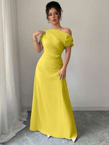 Elenzga Asymmetric Shoulder + Ruched Waist Dress - Mustard Yellow - View 3