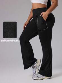 Rhythm Era Plus Size Women Solid High Waist Pockets Flared Sports Leggings - Black - View 1