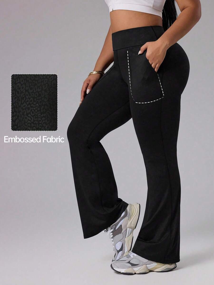 Rhythm Era Plus Size Women Solid High Waist Pockets Flared Sports Leggings - Black - View 1