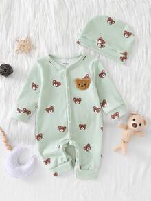 SHEIN Vintaside Kids 新生儿米色小熊图案长袖连体衣带帽子套装 - 薄荷綠 - 查看 5