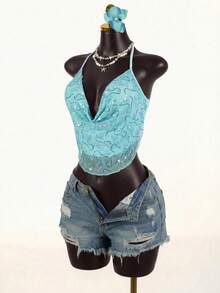 SaltGleam SaltGleam 女士时尚优雅休闲度假性感露背吊带背心，网纱亮片刺绣深V领性感夏季上衣吊带两件套性感夏季服装女士夏季套装伊比沙岛派对装夏季夜店装 - 藍色 - 查看 5