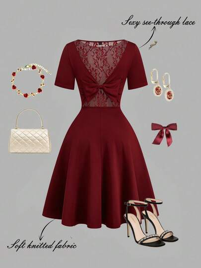 GlowEve CURVE Plus Size Women's Solid Color Knit Round Neck Pullover Waist A-Line Short Sleeve Dress With Sexy Hollow Lace Patchwork Bow Decor, Elegant & Comfortable Casual/Date Wear