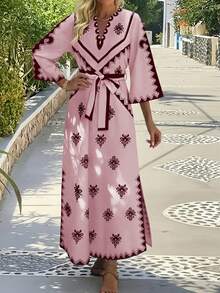 EMERY ROSE 休闲通勤优雅系带宽松中长连衣裙，时尚印花V领开衩长袍，新款女士度假长袍，女士长裙 - 彩色 - 查看 4