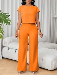Lunelith SHEIN Lunessa French Style Round Neck Short Sleeve Versatile Top And High Waist Wide Leg Pants 2 Pieces Set For Women - Orange - View 6
