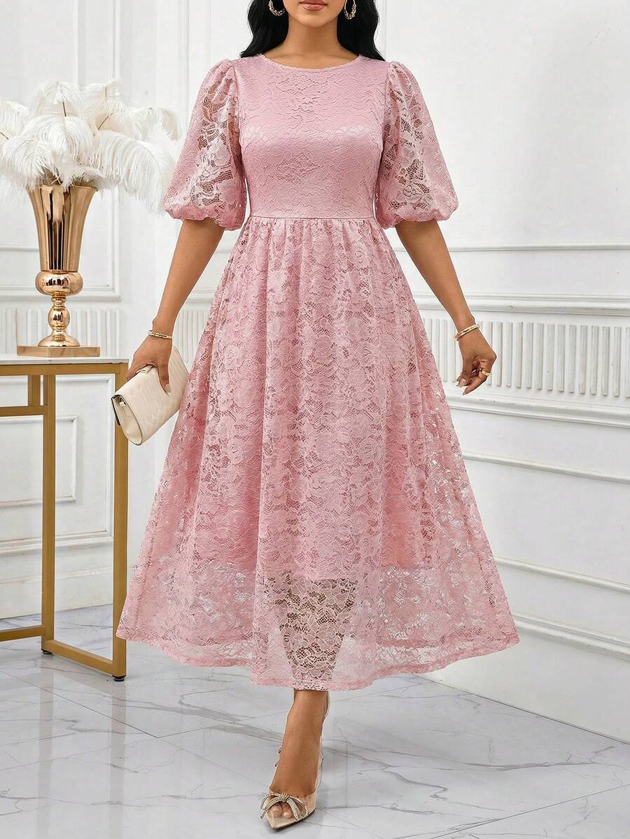 SHEIN Lady Women's Elegant Party Solid Color Lace Midi Dress Pink Elegant Dress Wedding Guest Dress Women Lace Dress,Pink Dress - Pink - View 1