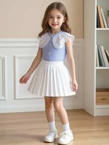 Elladie kids 女童（小号）蕾丝拼接蓝白条纹背心衬衫+白色百褶裙两件套，清新时尚，适合儿童夏季户外穿着 - 藍色 - 查看 9