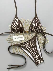 Swim Vcay 2026 Spring/Summer Brown Spaghetti Strap Halter Striped Triangle Cup Side High Cut Lace-Up Bikini Two Pieces Swimsuit For Women, Vacation - Multicolor - View 1