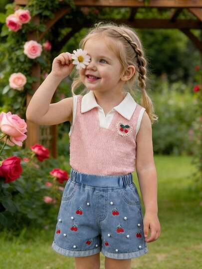 少女甜美俏皮风牛仔短裤，春夏款，中蓝色牛仔布，饰以樱桃刺绣和白色珍珠图案，宽松直筒裤型，面料柔软舒适，适合上学、通勤、日常穿着及户外活动。