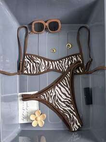 Swim Vcay 女士泳衣，双面棕色斑马纹超迷你比基尼抹胸上衣，时尚休闲度假性感甜美优雅两件式泳装 - 棕色 - 查看 6